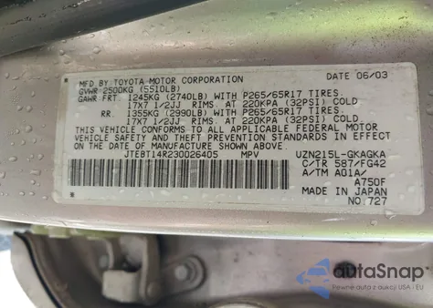 2003 Toyota 4Runner Sr5 V8 from USA, damaged, VIN JTEBT14R230026405